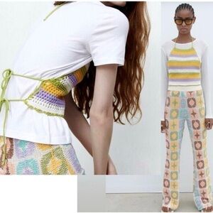 Zara crochet knit striped open back strappy halter crop top NWT festival beach